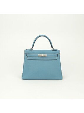 Hermes Kelly 28 Tote Taurillon Clemence Blue Jean Bleu Silver Handbag V-shaped